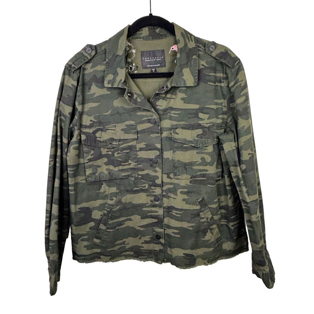 Sanctuary Fray Hem Utility Jacket Green Camo Cotton Canvas Snap Front Military M - Picture 2 of 13